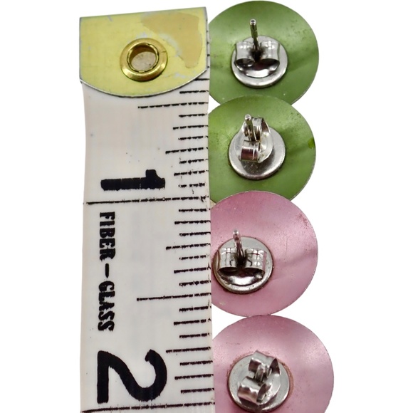 Dainty Round Post StudLaser Cut Out Fashion Earrings Pink & Green .5" Set of 2 - Picture 6 of 6